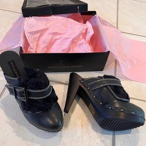 Steve Madden Women's Wooden Clogs Size 8 Black Leather w Fur - New in Box